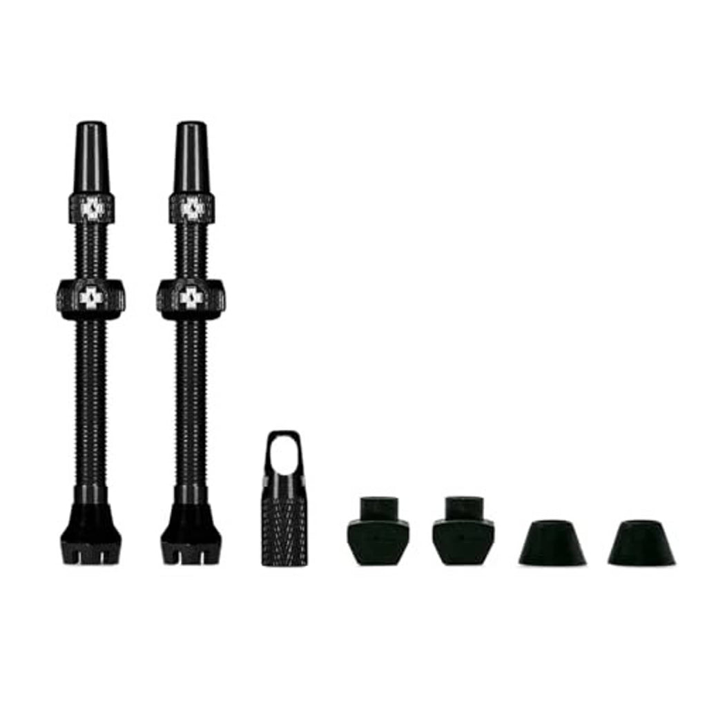 Two black Presta tubeless valves with spare caps, bases, and a valve insert