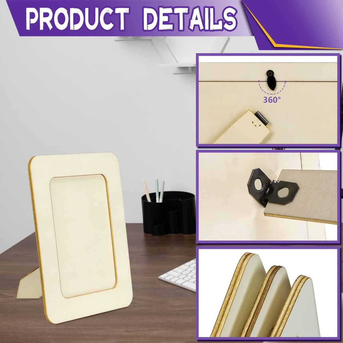 Light wood rectangular photo frame with easel stand and metal back clips