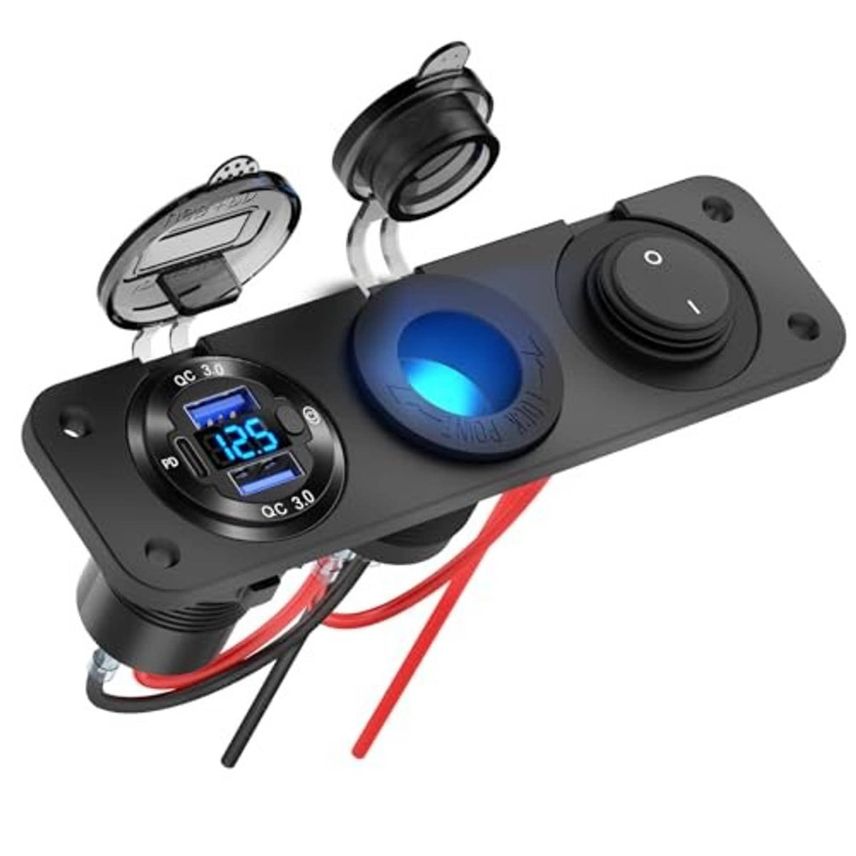 Black dashboard outlet panel with blue-lit USB screen and circular rocker switches
