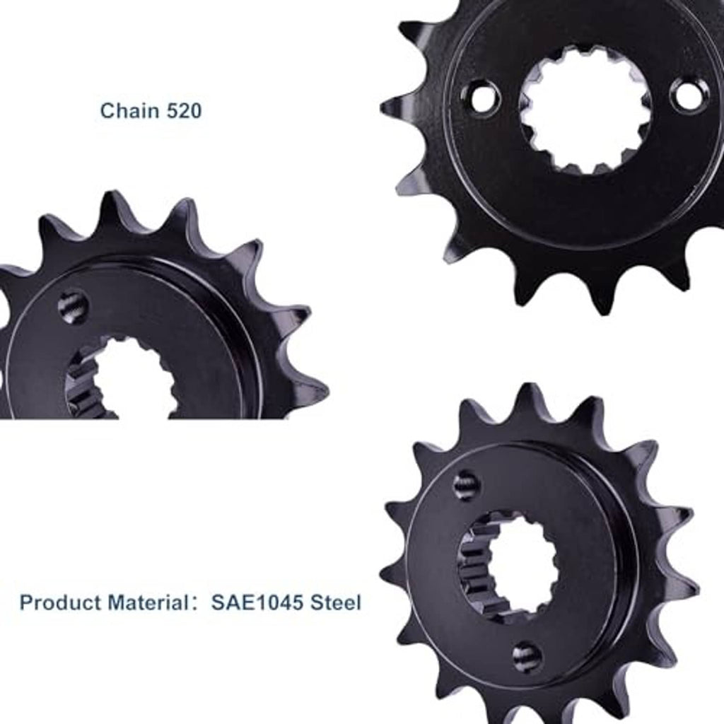 Black steel sprocket set for 520 chain, 15-tooth front placement