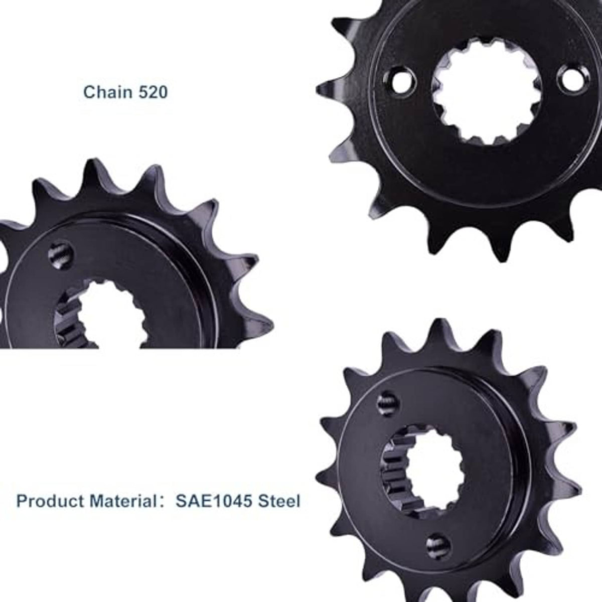 Black steel sprocket set for 520 chain, 15-tooth front placement