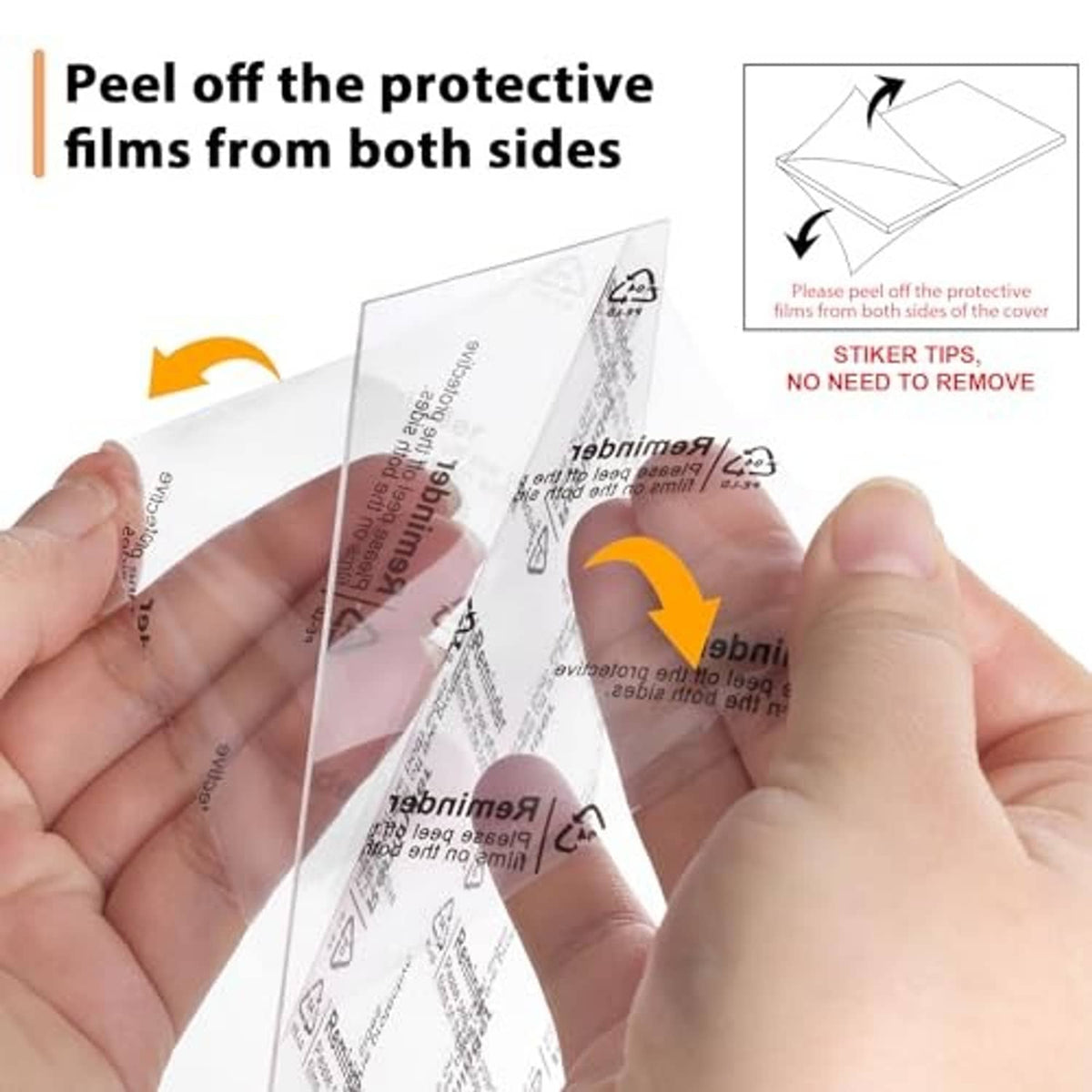Hands peel protective film from both sides of a rustic brown picture frame.