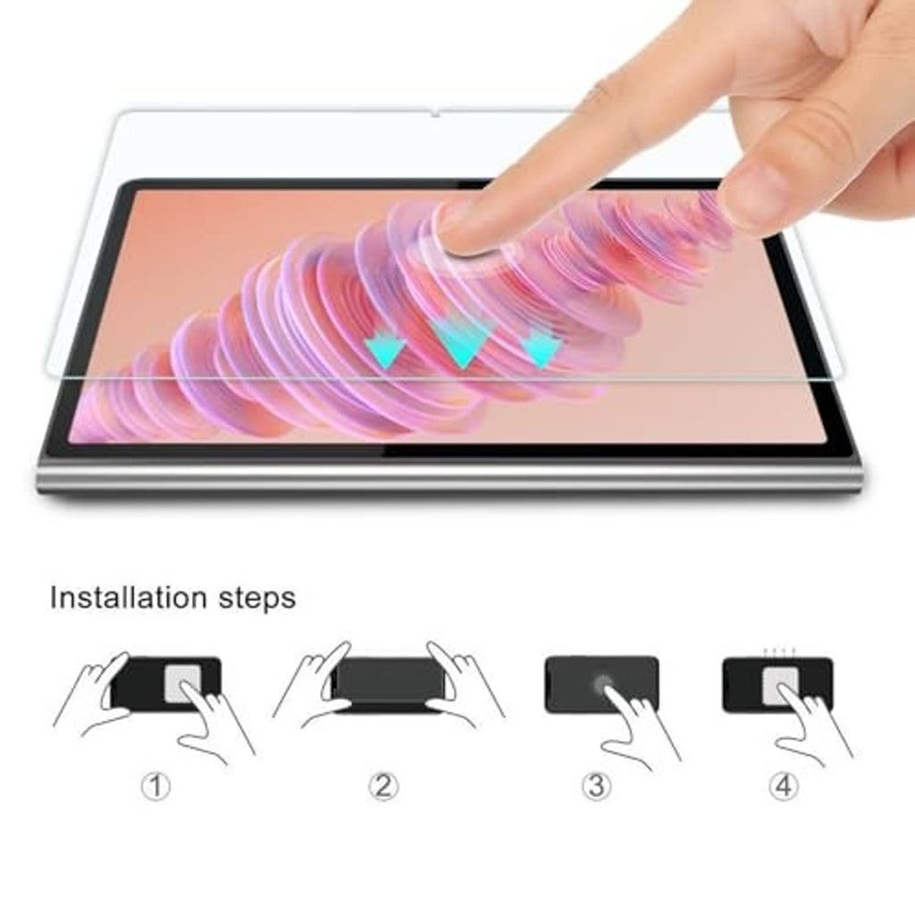 Clear tempered glass screen protector installed on tablet, with installation step diagram