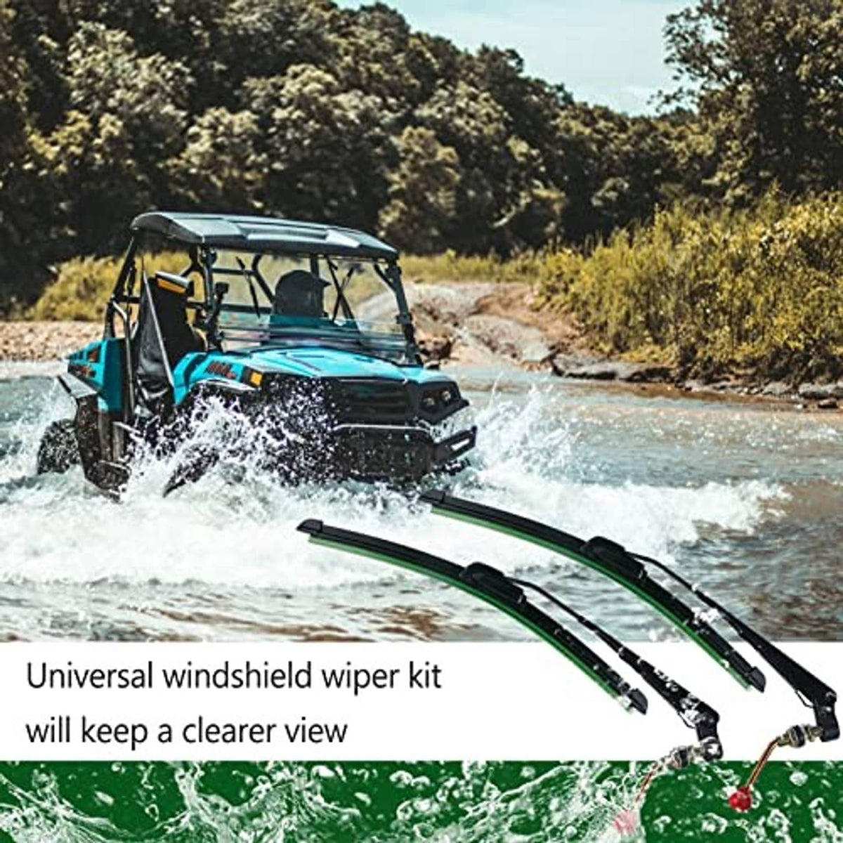 UTV windshield wiper kit installed on front windshield with water spray