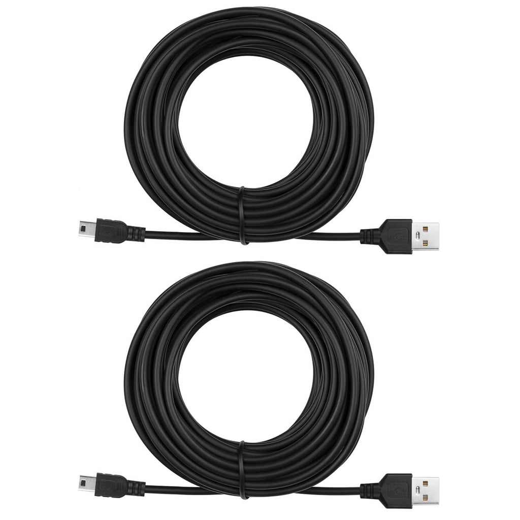 Two black coiled USB A to Mini-B charging cables, 15 ft each, 2-pack