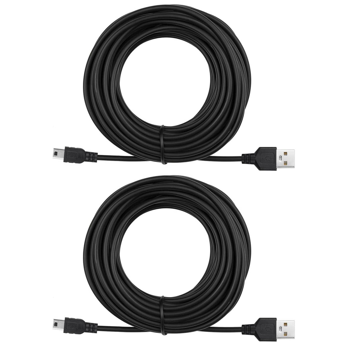Two black coiled USB A to Mini-B charging cables, 15 ft each, 2-pack