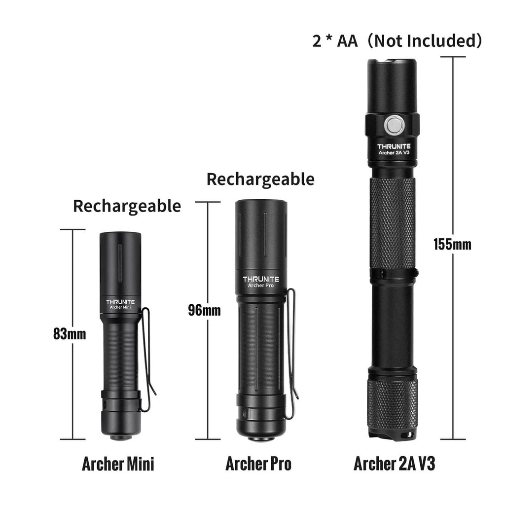 ThruNite Archer Mini pocket EDC pen flashlight, black, with dimension labels