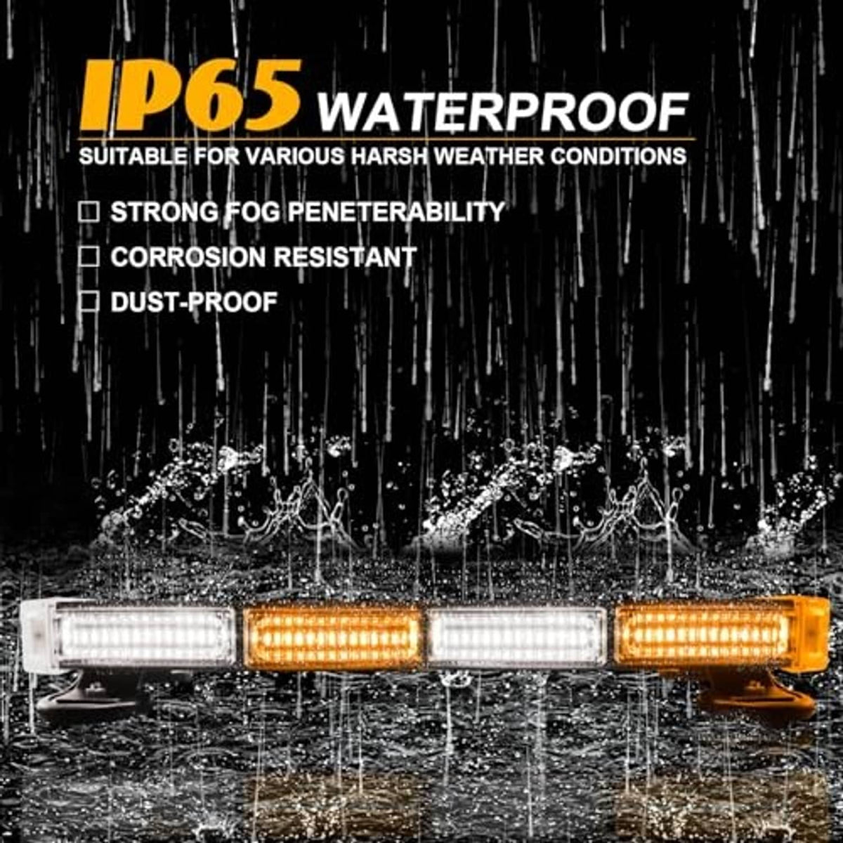 Waterproof LED strobe light bar with amber and white segments shown with water spray.