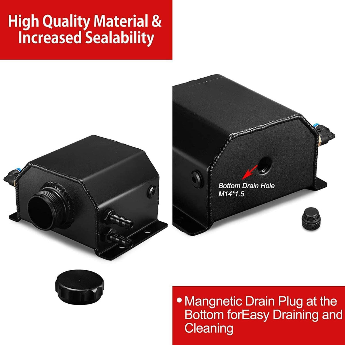 Black coolant overflow recovery tank with bottom drain plug and threaded drain hole