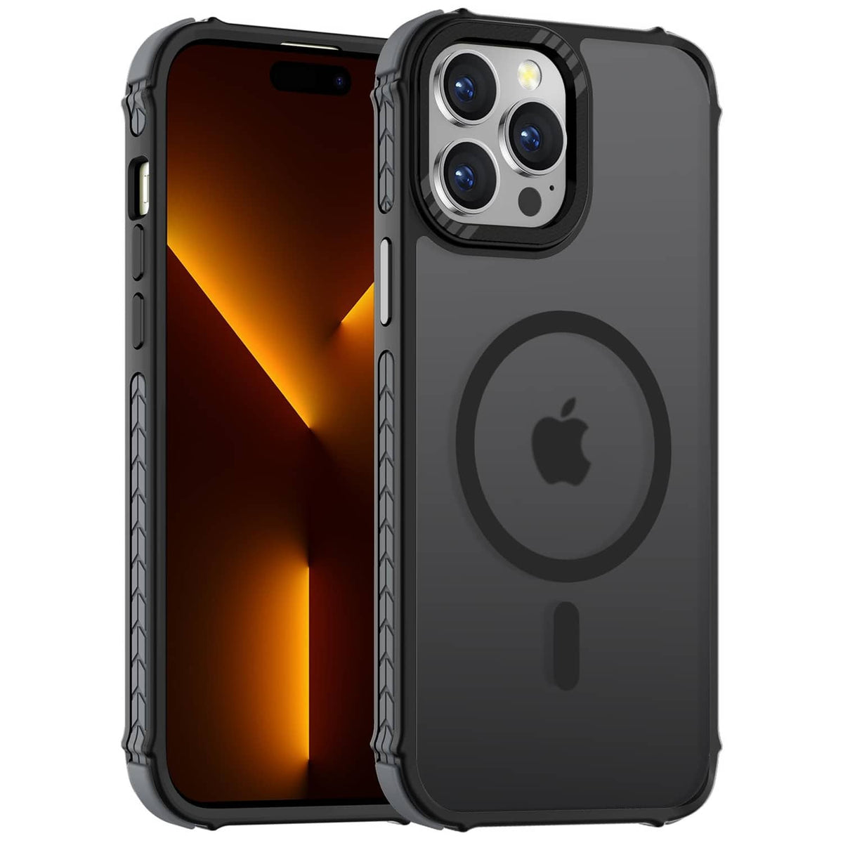 Black iPhone case with MagSafe-style ring, rugged bumper, and dual camera cutouts