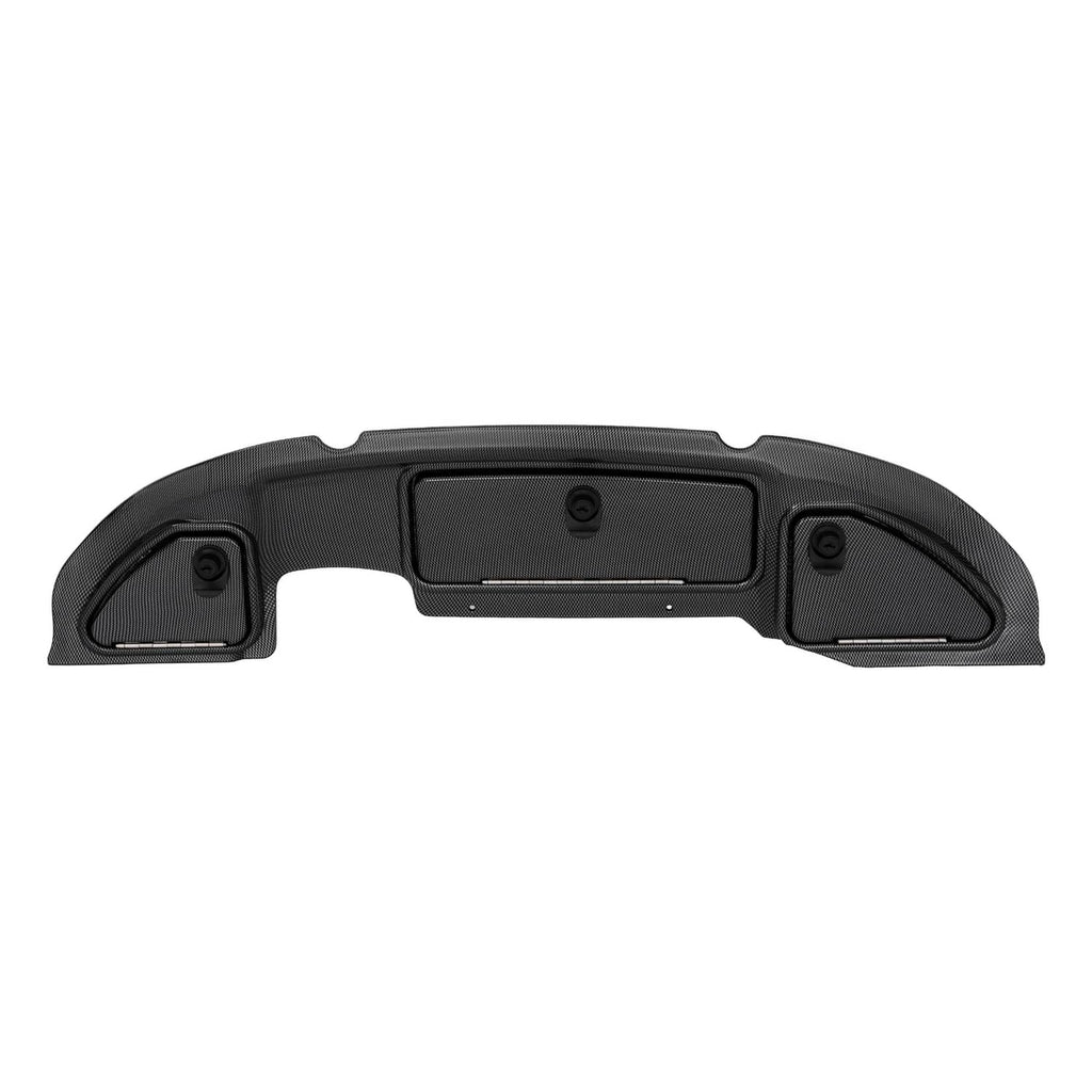 Carbon fiber dash kit panel with central rectangular opening and side speaker cutouts