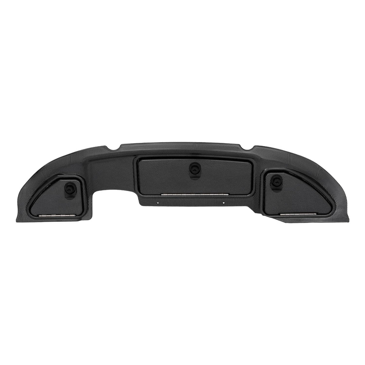 Carbon fiber dash kit panel with central rectangular opening and side speaker cutouts