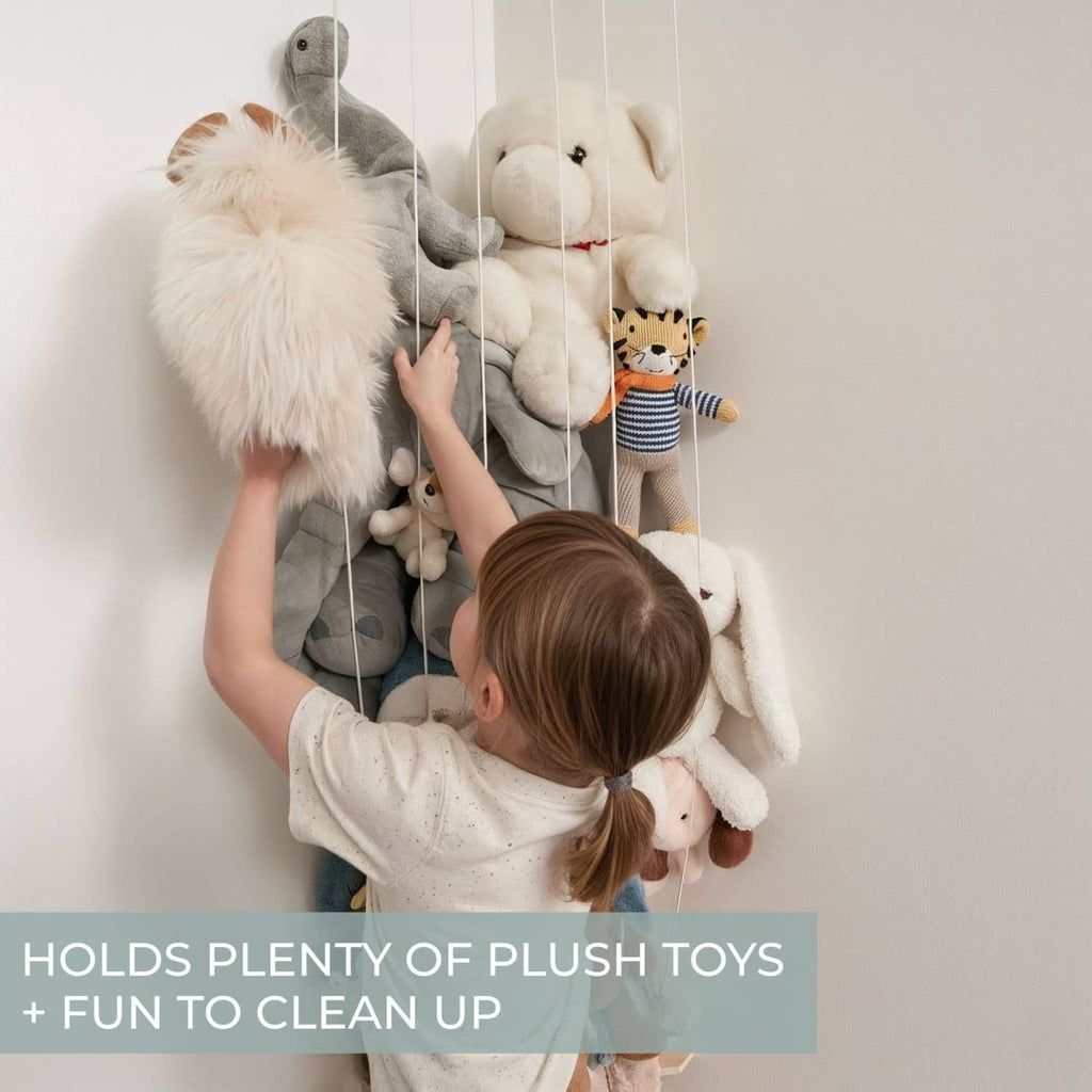 Wall-mounted plush toy storage with rope netting and natural wood shelves for easy grabbing