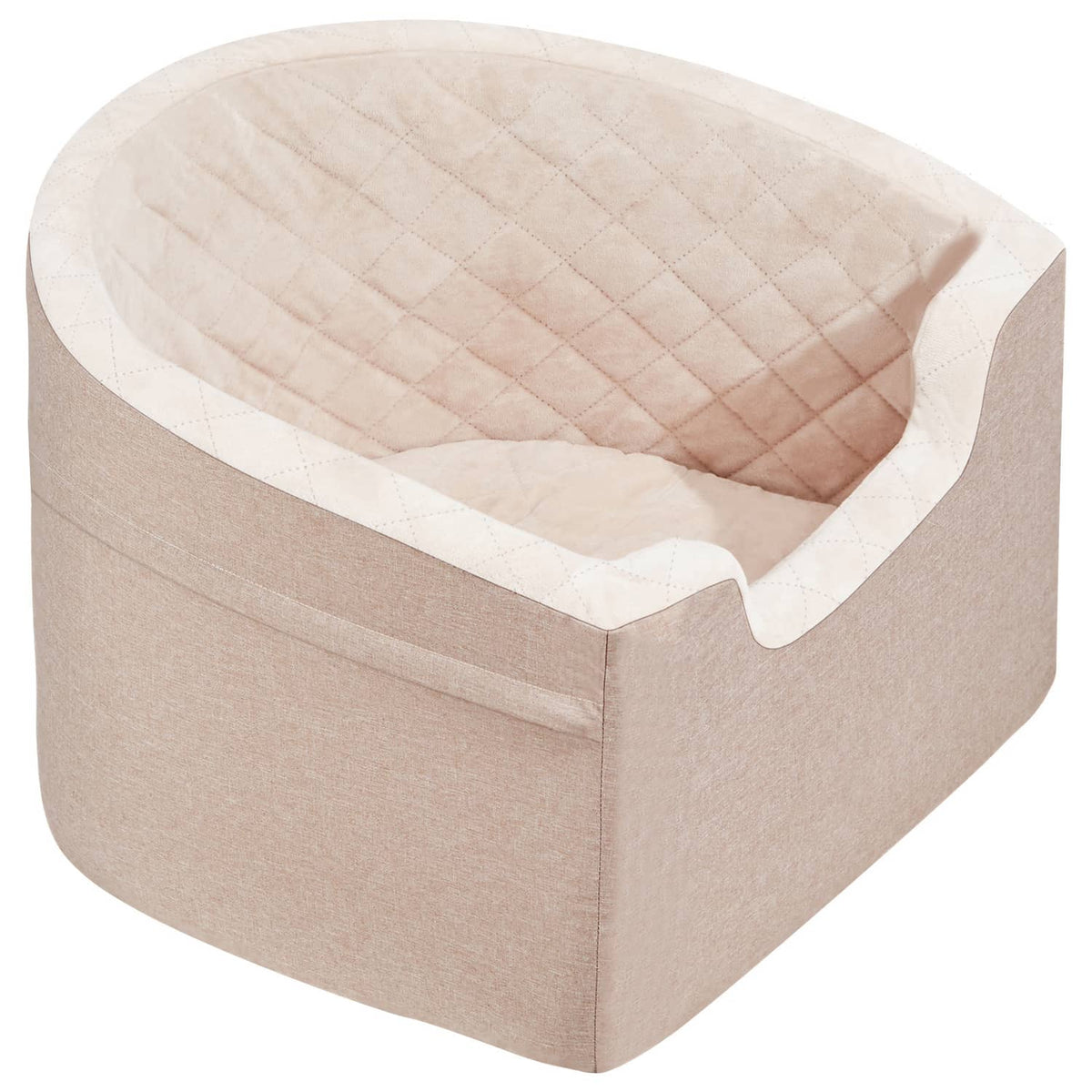 Beige pet booster car seat with quilted top cushion and white edge trim, side view