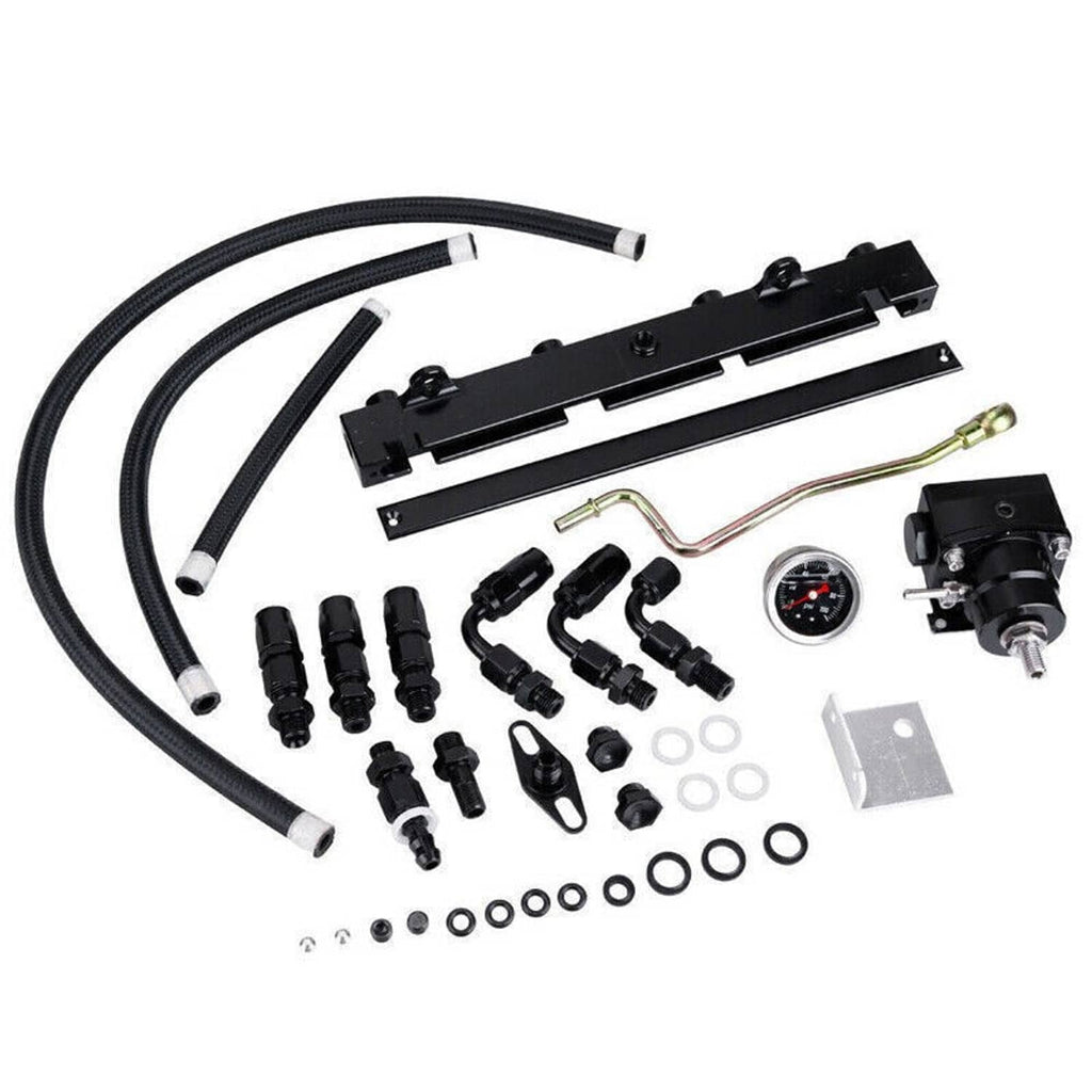 Fuel line system kit with black hoses, manifold bar, regulator, and pressure gauge
