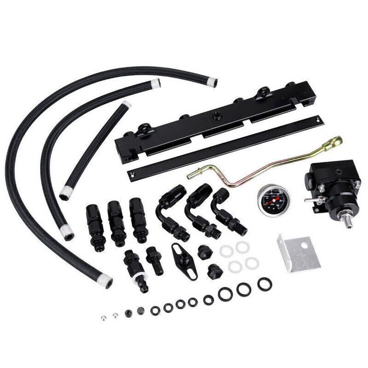 Fuel line system kit with black hoses, manifold bar, regulator, and pressure gauge