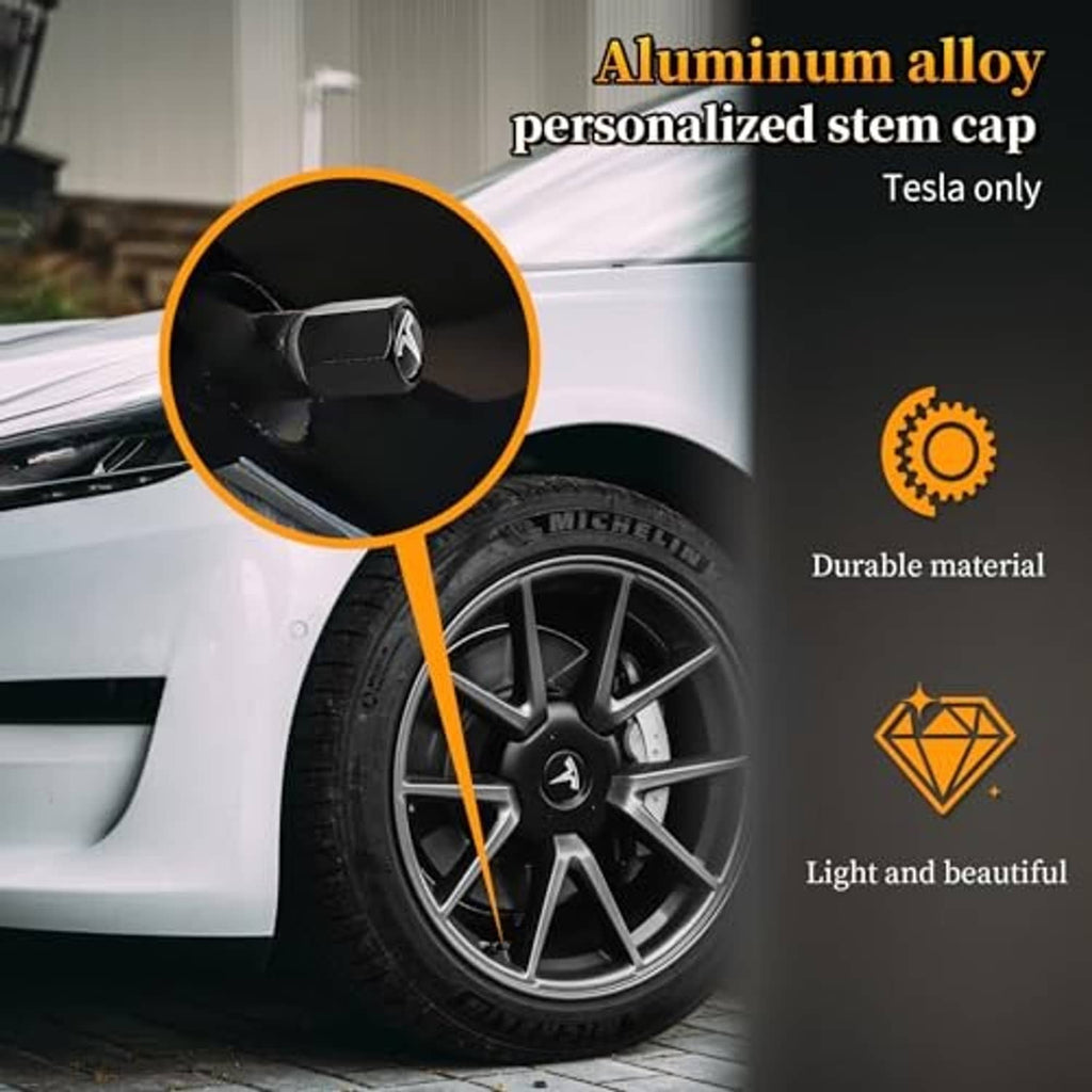Black aluminum tire valve stem caps with white logo, durable protective design