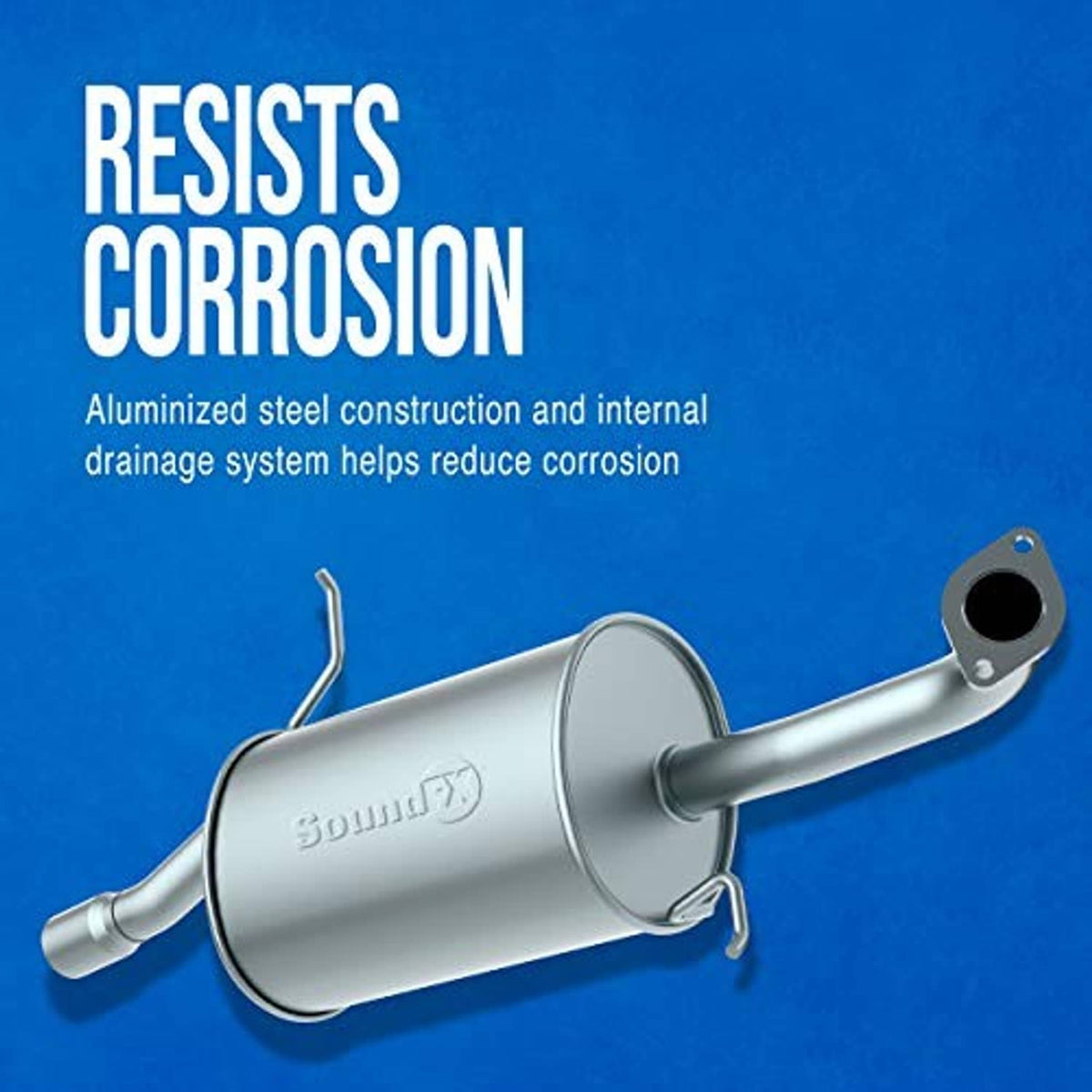 Aluminized steel exhaust muffler with angled inlet pipe and outlet flange