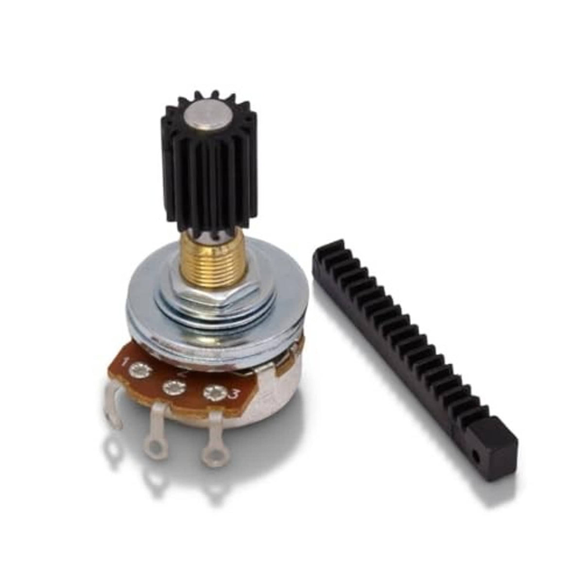Wah replacement potentiometer with gold shaft, gear, and black rack