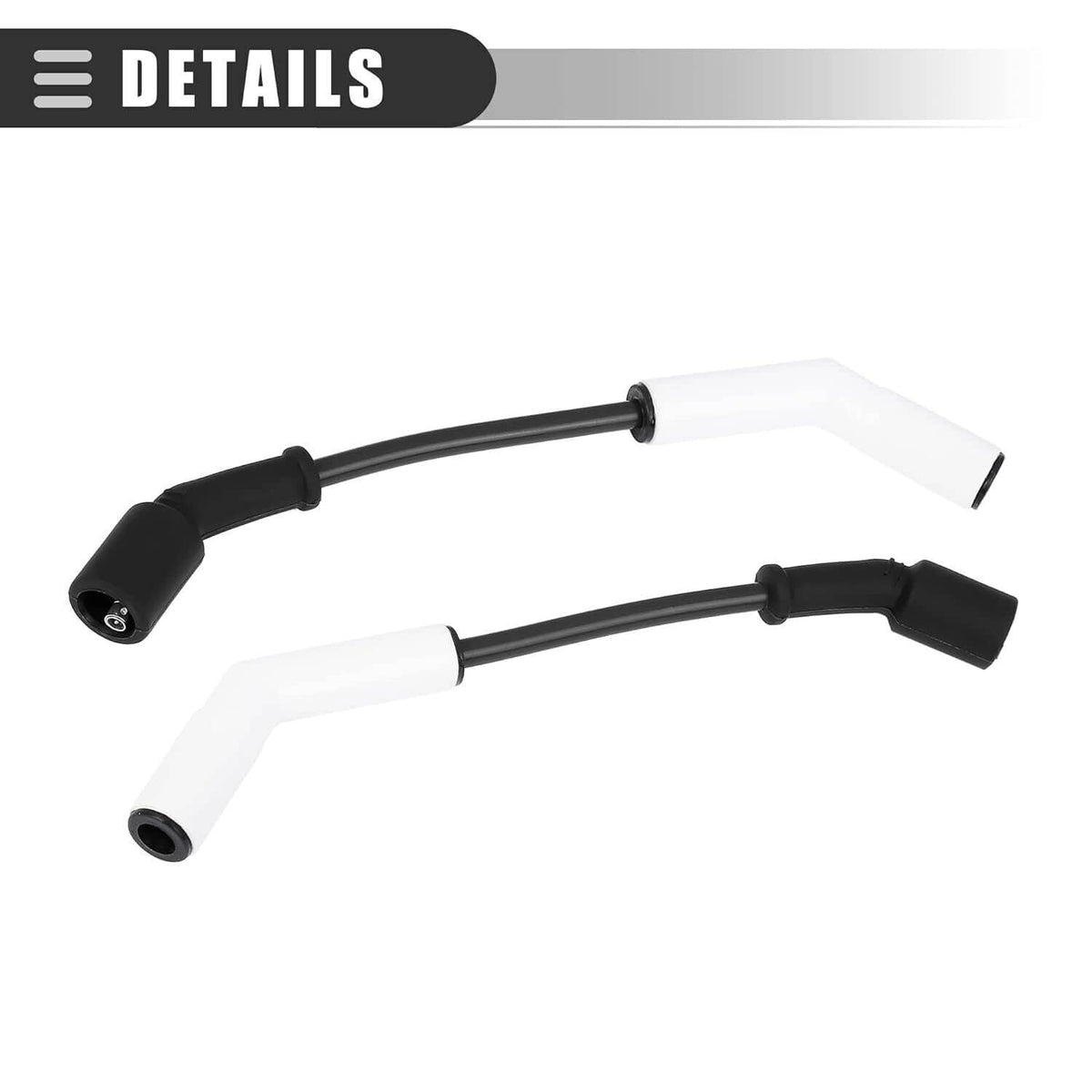 Spark plug wire pair with black end boot, white ceramic boot, and curved routing