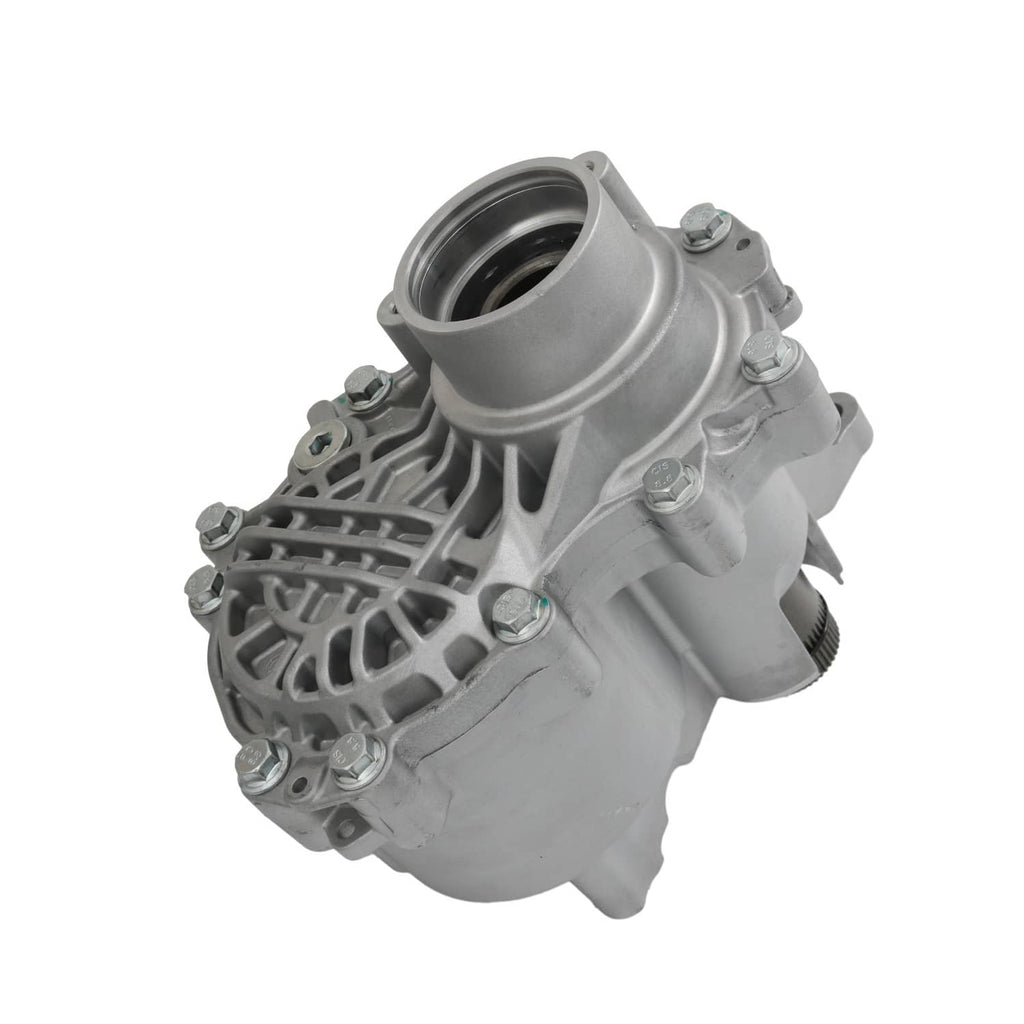 Transfer case housing cover with large circular bore and ribbed cast fins