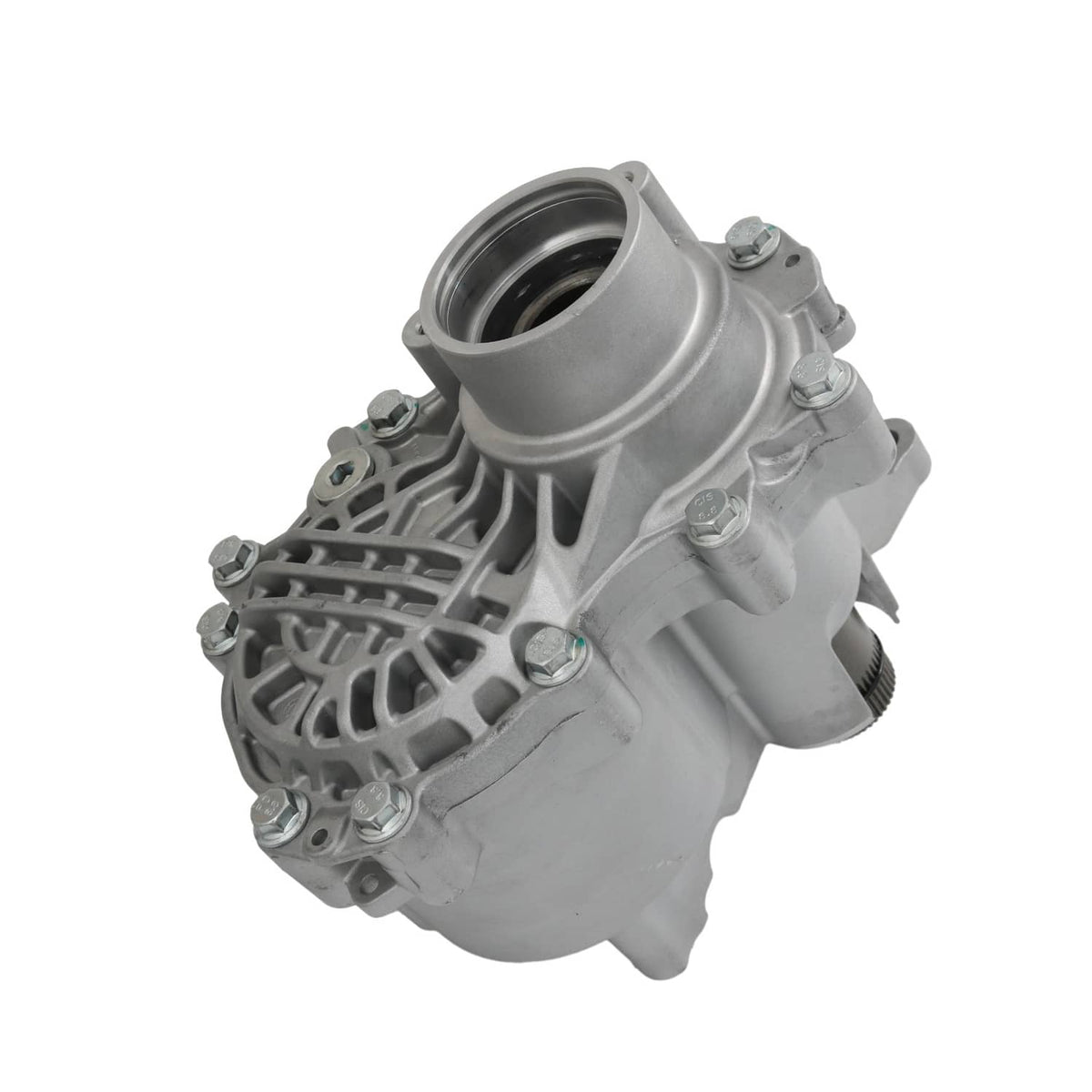 Transfer case housing cover with large circular bore and ribbed cast fins