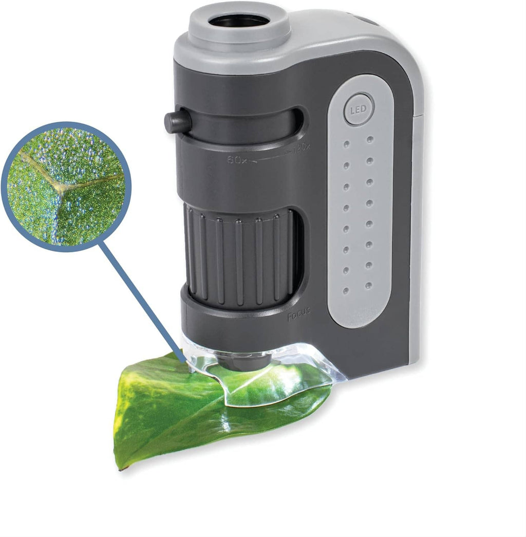 Gray LED pocket microscope with eyepiece and focus knob, plus green sample pouch and magnifier view