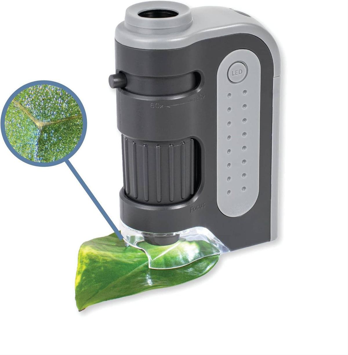 Gray LED pocket microscope with eyepiece and focus knob, plus green sample pouch and magnifier view