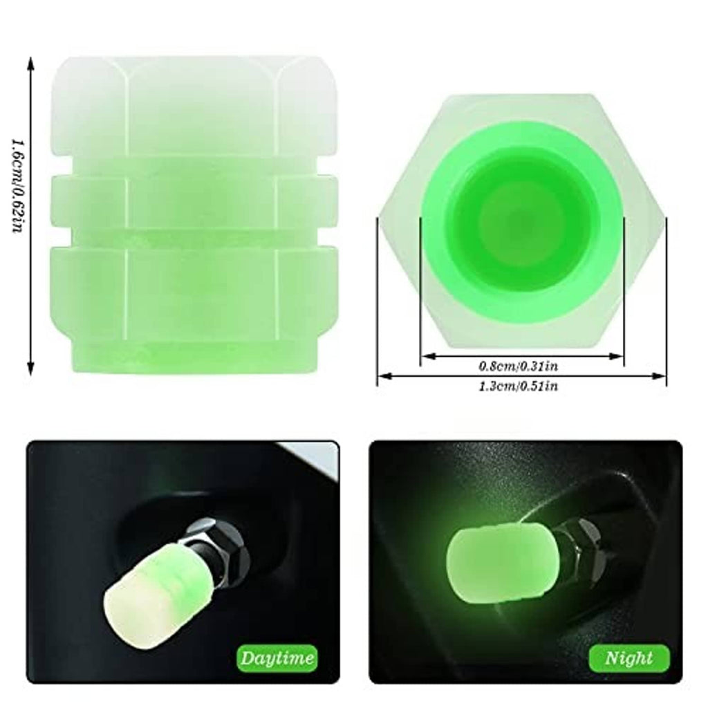 Glow-in-the-dark tire valve stem caps in green translucent design with size diagram
