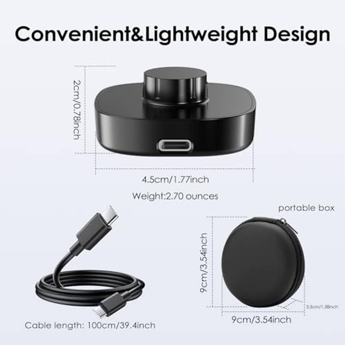 Black wireless charging case with USB-C port and size diagram