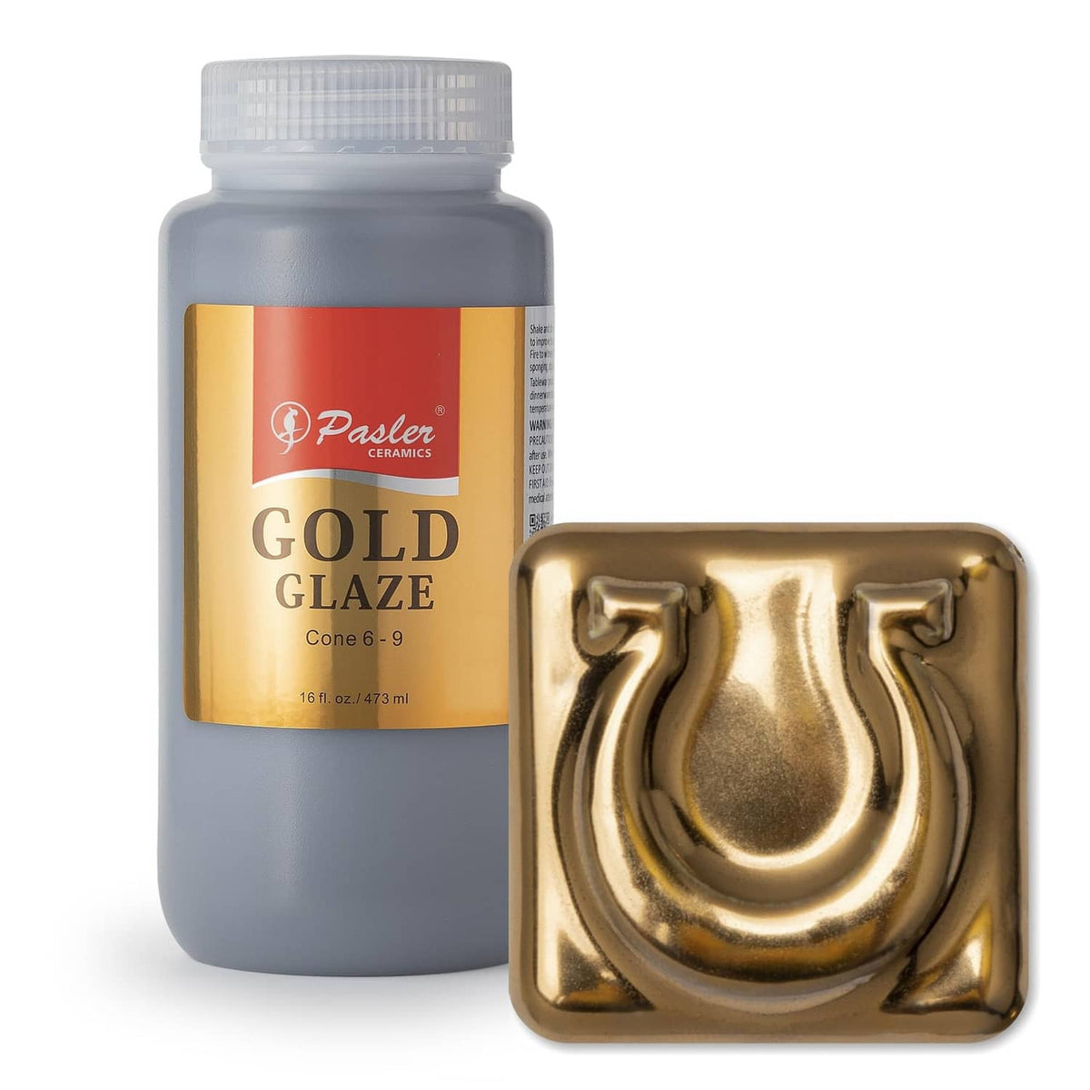 Gold glaze ceramic pottery bottle with gray body and gold label, 16 fl oz