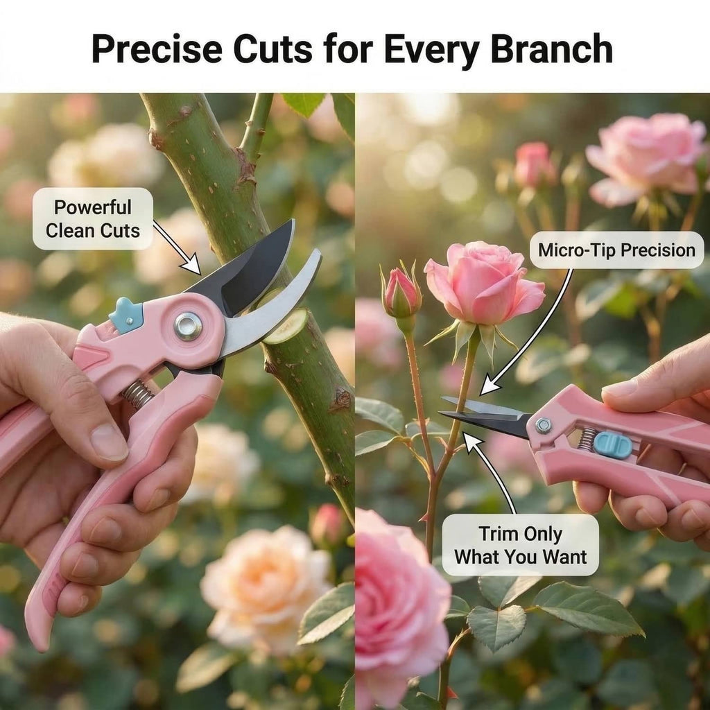 Pink micro-tip pruning scissors cutting stems in hand