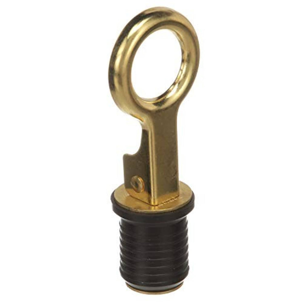 Brass snap-handle drain plug with black threaded rubber body and loop ring