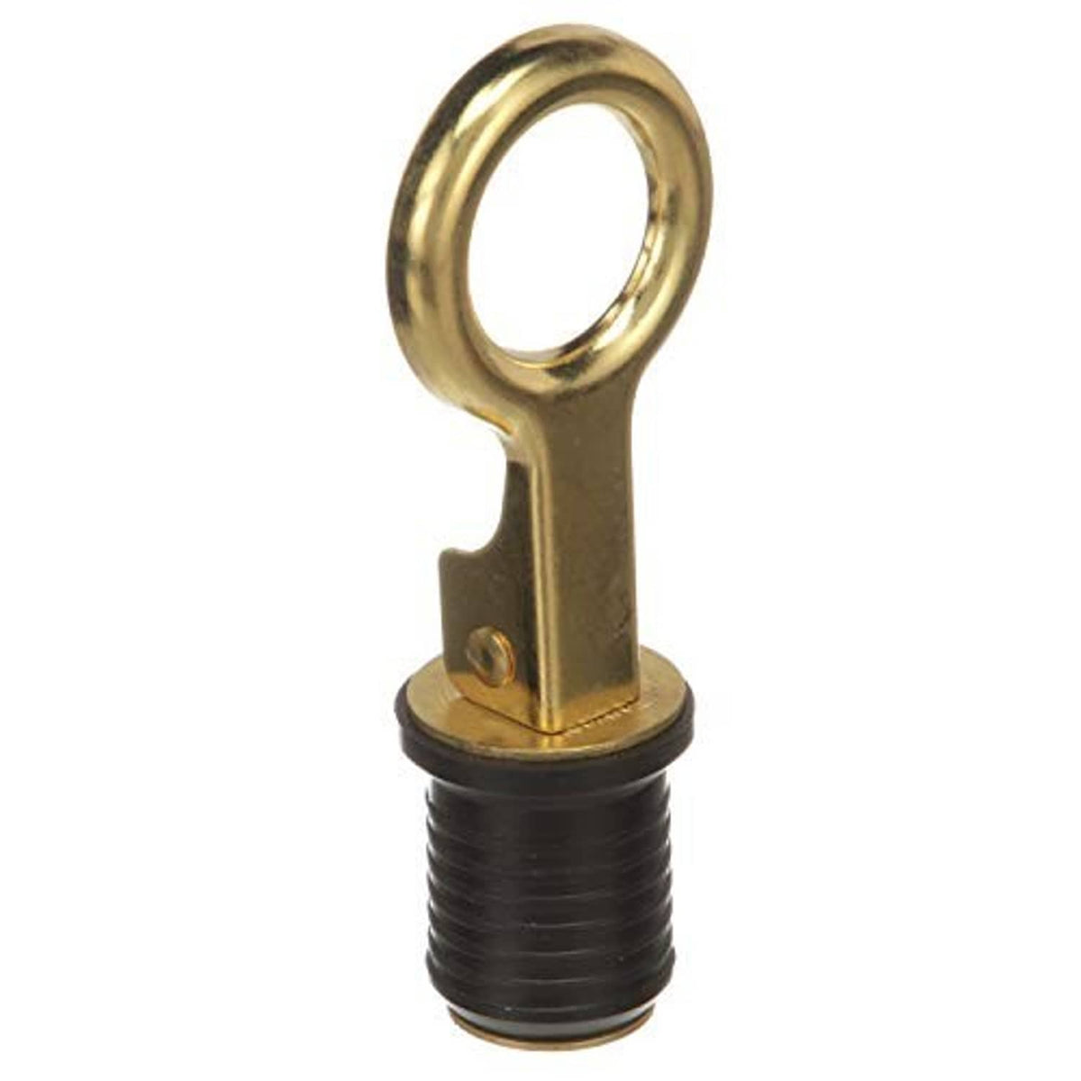 Brass snap-handle drain plug with black threaded rubber body and loop ring