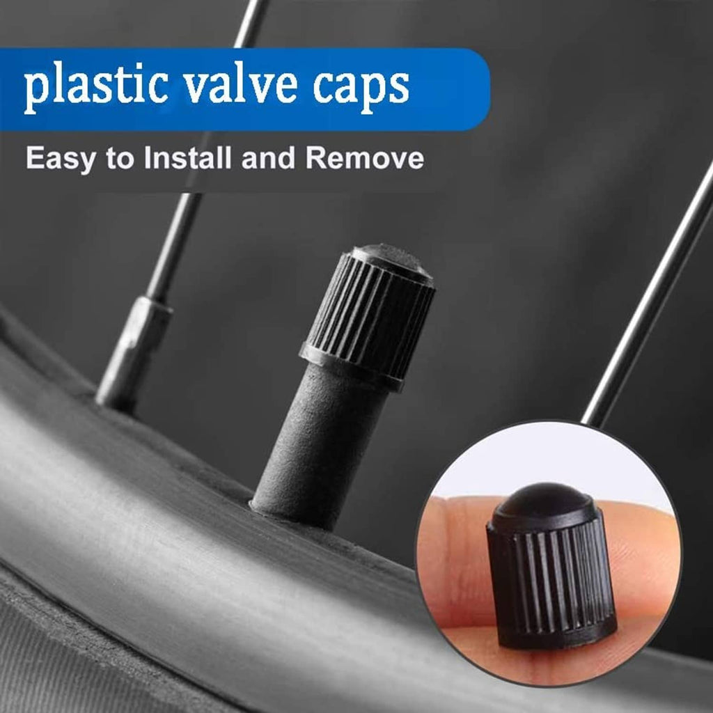 Black plastic valve cap on tire valve stem for easy install and remove