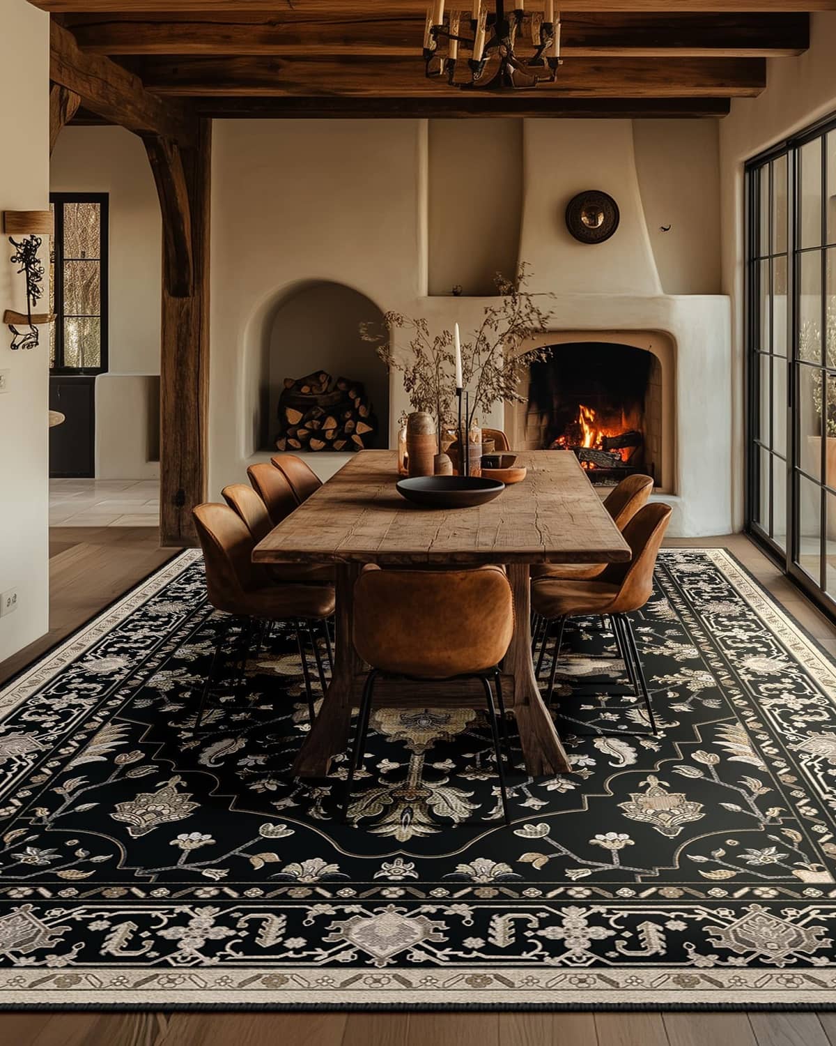 Washable area rug, rectangular black with beige ornamental border and floral pattern