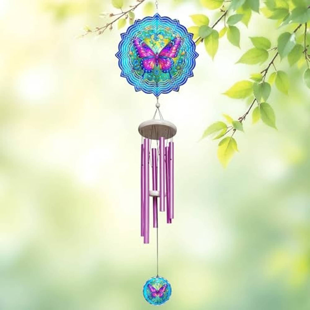Purple butterfly wind chime spinner with blue scalloped top and multicolor hanging disk
