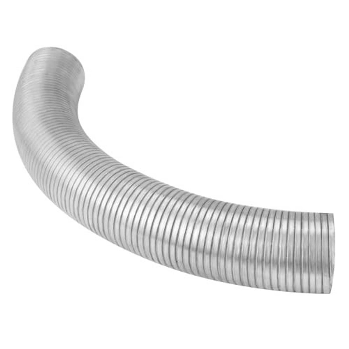 Flexible exhaust pipe, silver corrugated metal with a curved bend, 2.5 in diameter