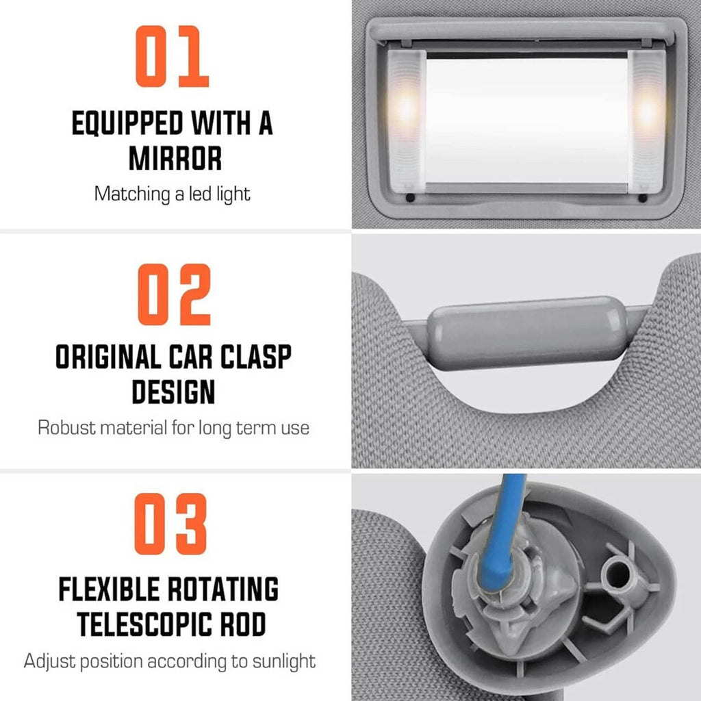 Gray sun visor with LED mirror light unit and matching attachment design