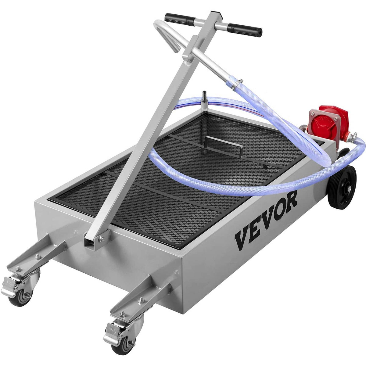 Oil drain pan cart with black mesh tray, silver frame, and blue siphon hose