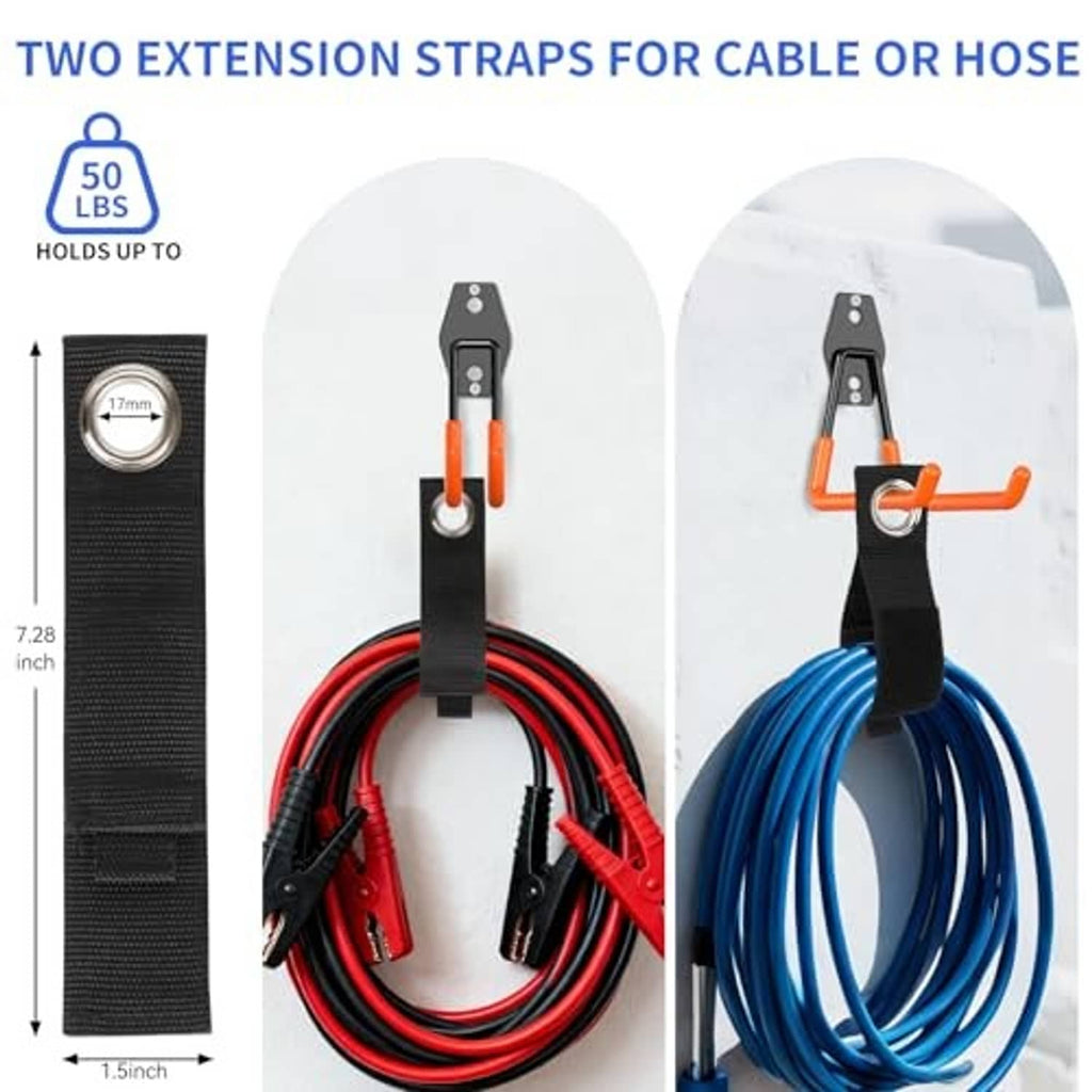 Garage hooks with extension straps, black fabric loops, and orange non-slip PVC-coated hooks