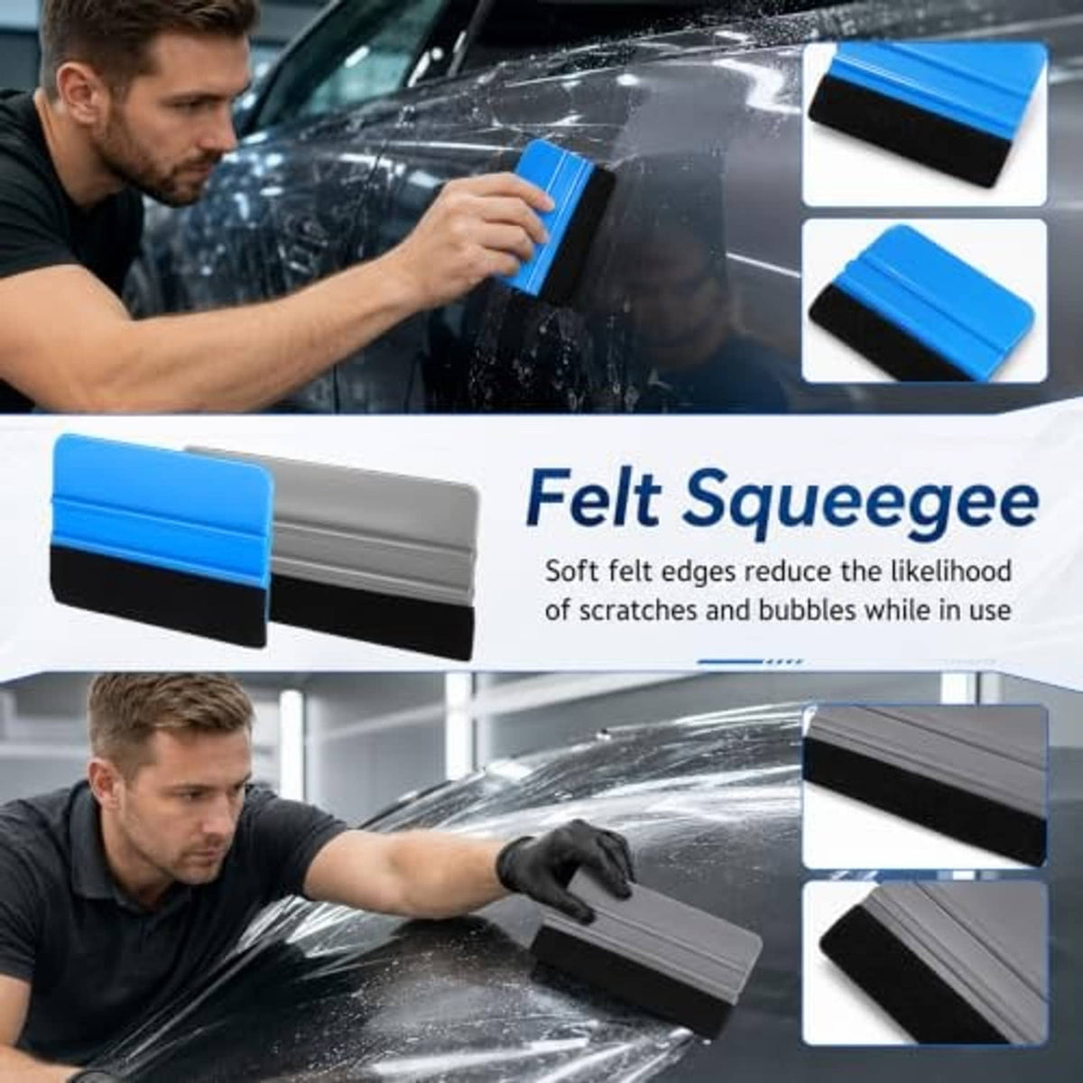 Man smoothing vinyl film with blue felt squeegee tool