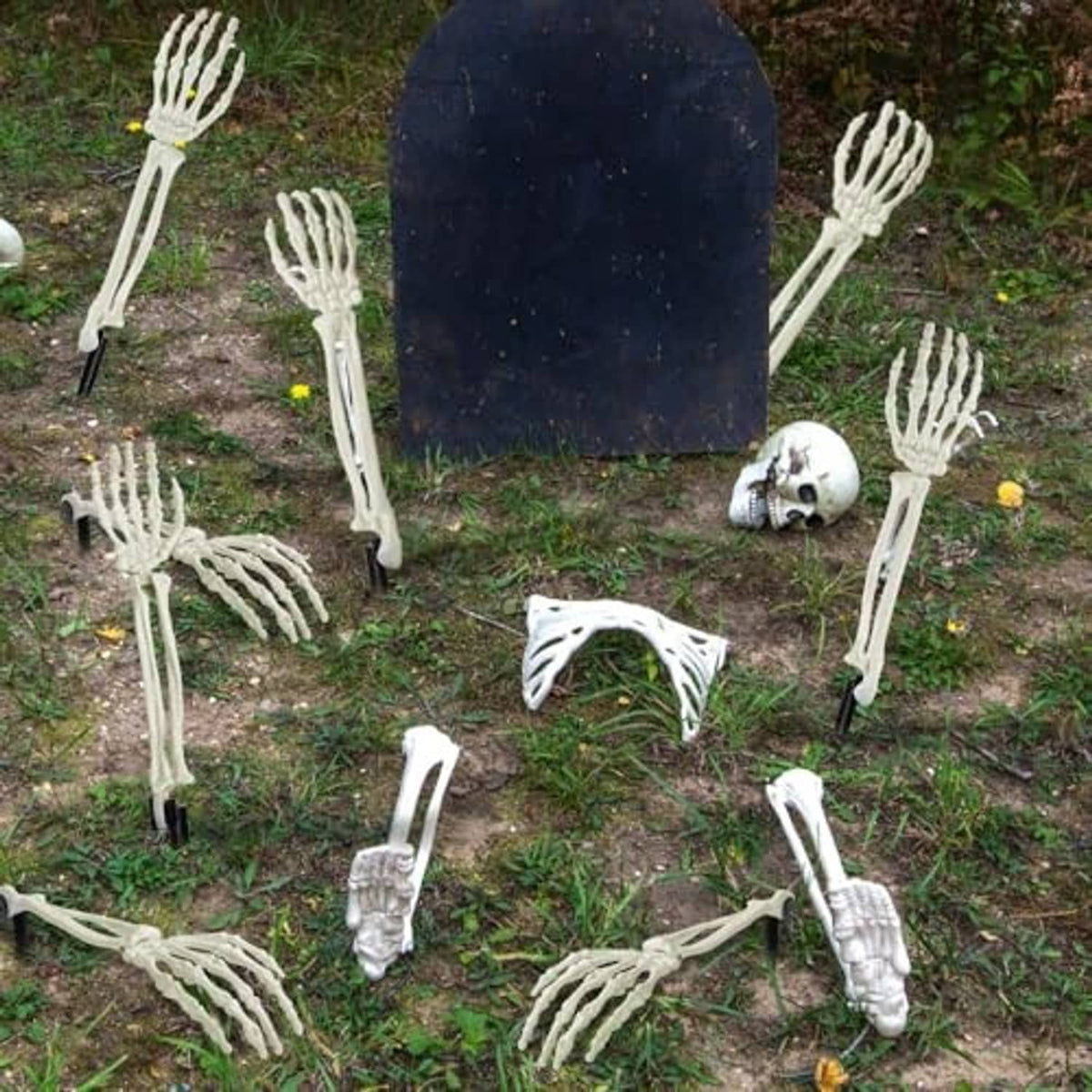 White skeleton hand and arm stakes with tombstone and skull in a yard setting