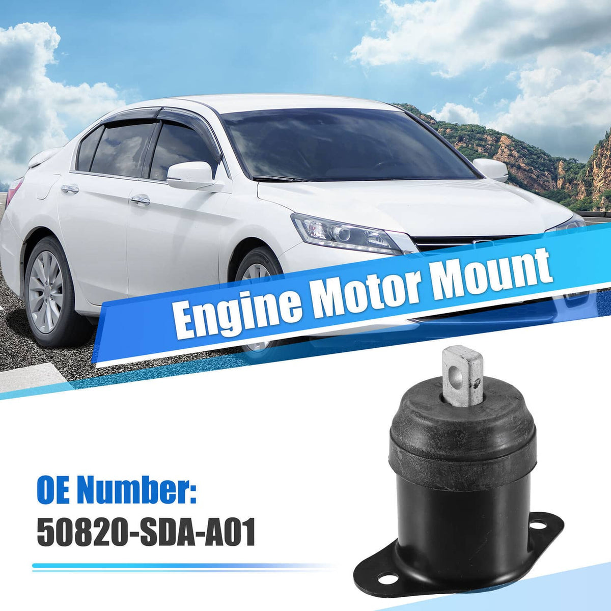 Black engine motor mount with metal stud and round rubber bushing; car shown