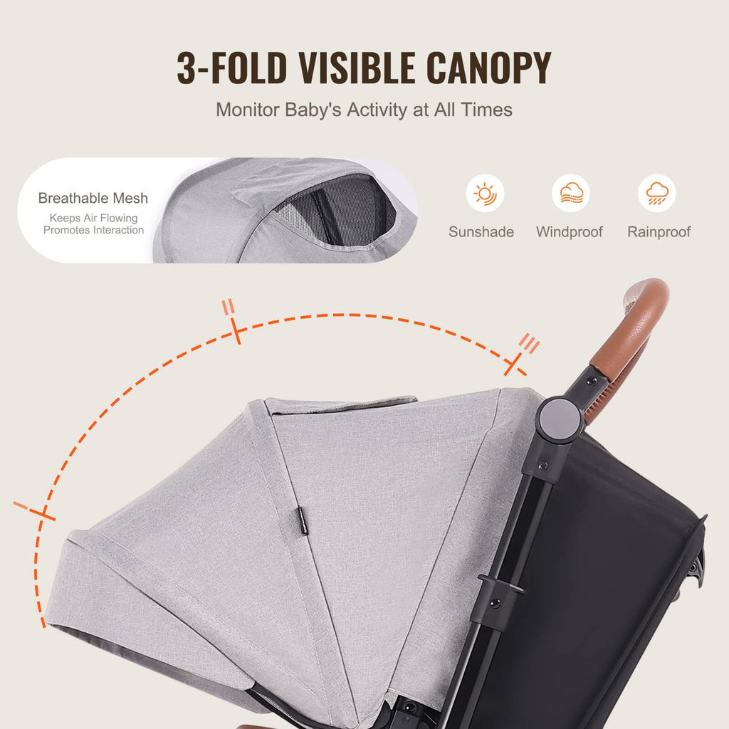 Light gray stroller canopy and hood fabric detail with sunshade panel
