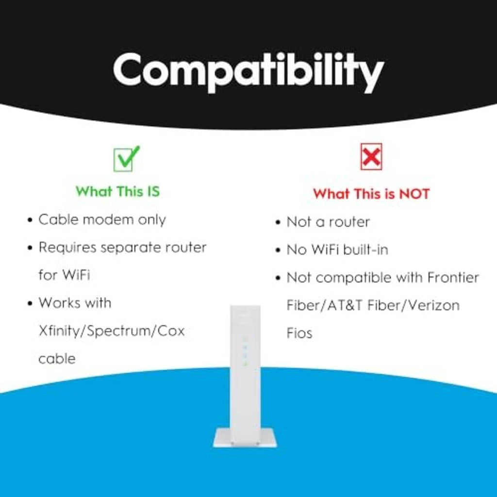 White vertical cable modem on base stand with status lights