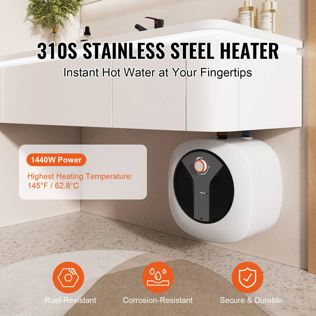 Compact electric mini tank water heater mounted under a cabinet with visible control dial