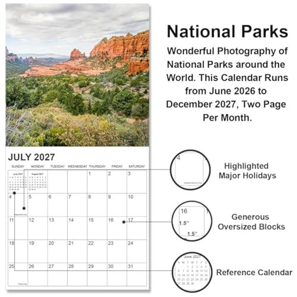 National Parks wall calendar page for July 2027 with description text and holiday/block callouts.