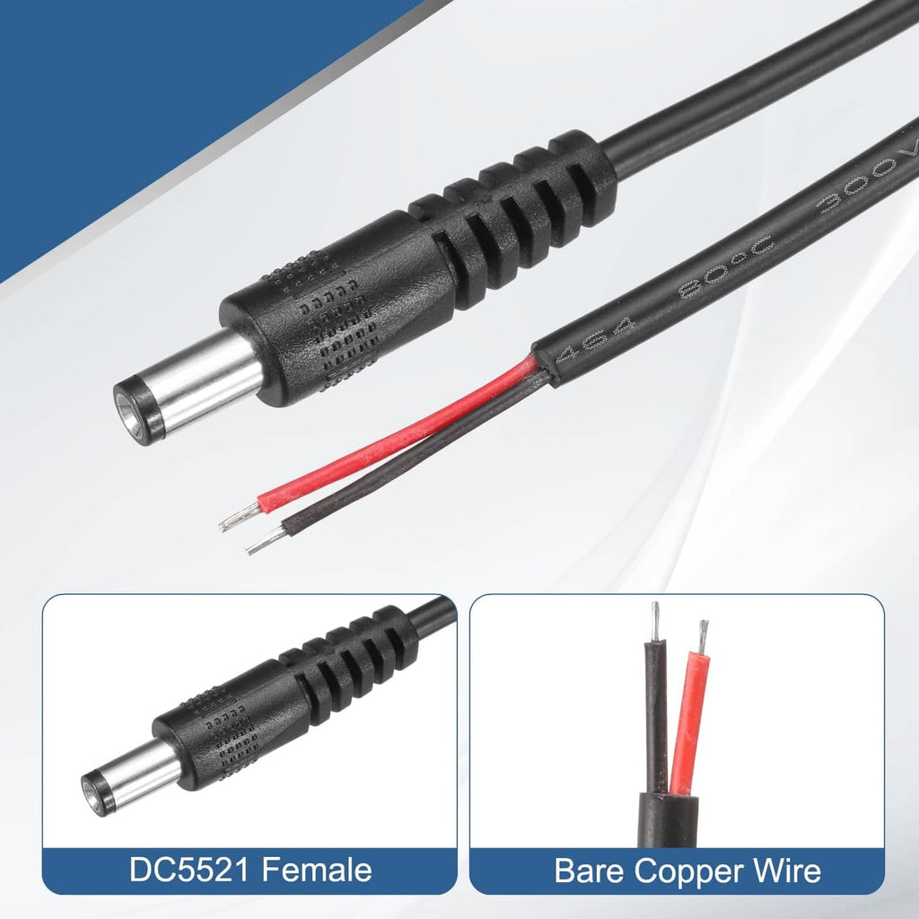 DC power pigtail cable with DC5521 female jack and red/black bare copper wire ends