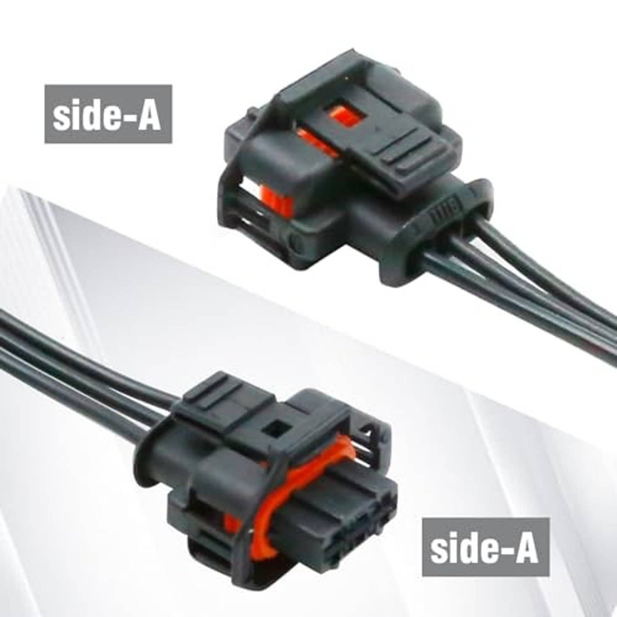 Throttle sensor connector wiring harness, black connector bodies with orange accents, two wires